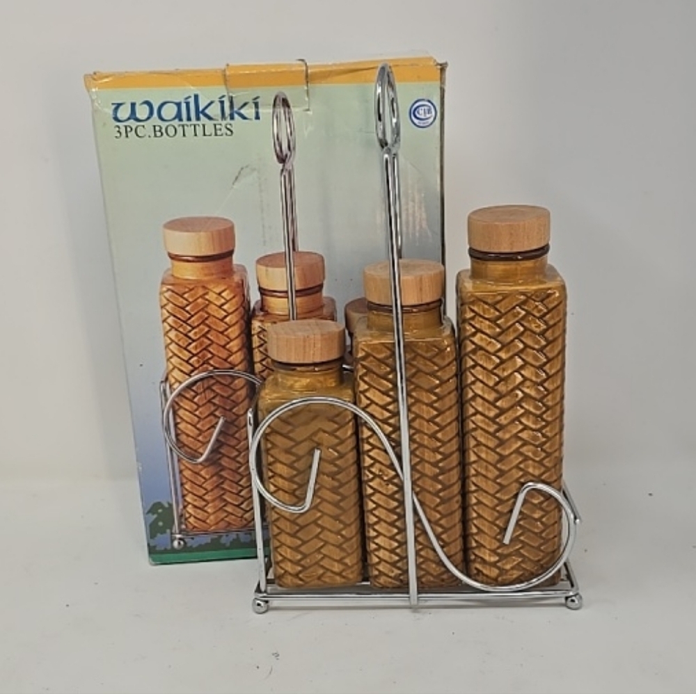Vtg Waikiki 3pc bottles century ceramic containers‎ w/stand Hawaiian tiki Island